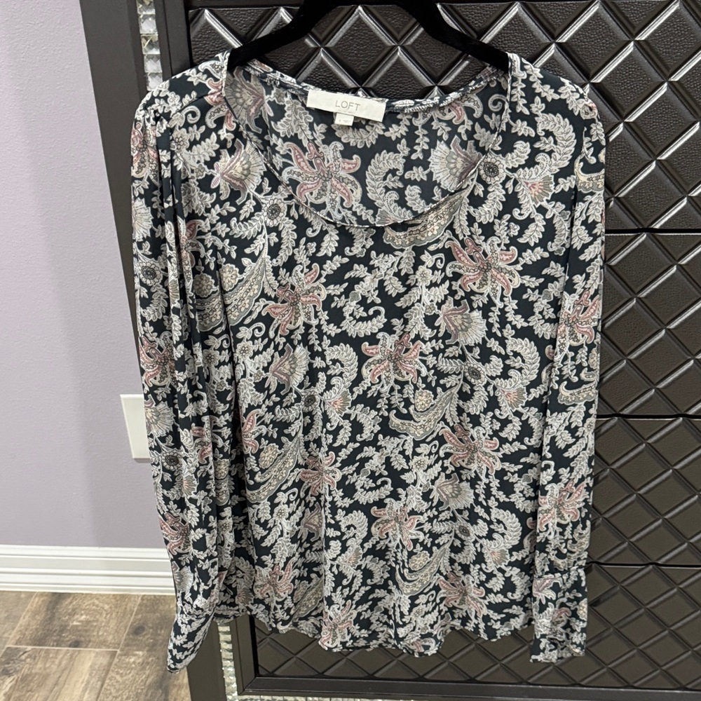 LOFT Black and Pink Paisley Blouse